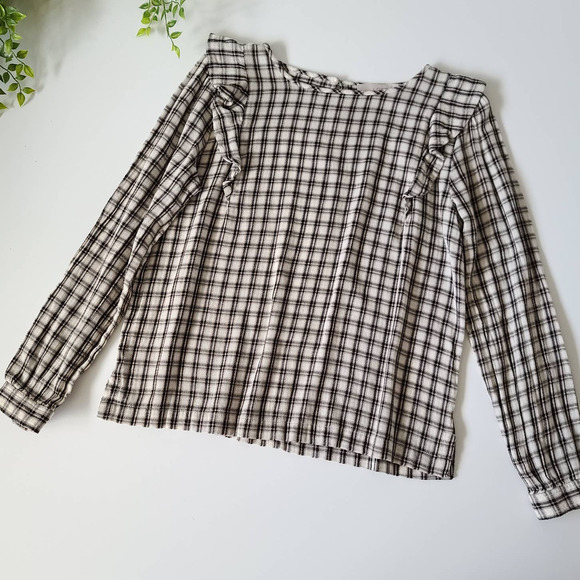 LOFT Plaid Ruffle Long Sleeve Crew Neck Blouse Medium Petite - Picture 2 of 9